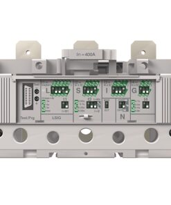 Modular electrical control unit with multiple terminal blocks and a label In=400A seen from the front.