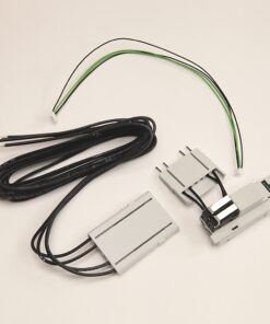 Two grey modular controllers connected by black wires and a green/black signal cable on a white background.