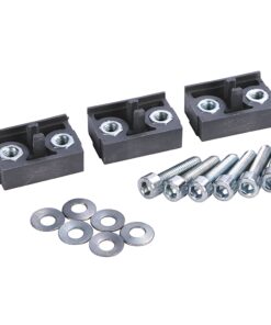 Three black plastic mounting blocks with metal threaded inserts, six screws, and six washers on a white background, ready for assembly.