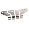 Set of four shiny metal L-shaped mounting brackets with multiple holes for screws, arranged in a row on a white background