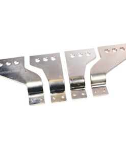 Set of four shiny metal L-shaped mounting brackets with multiple holes for screws, arranged in a row on a white background