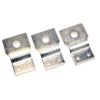 Three silver metal mounting brackets with a large central hole and two bottom screw holes, lined up in a row.