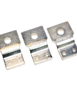 Three silver metal mounting brackets with a large central hole and two bottom screw holes, lined up in a row.