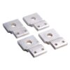 Four silver metal crimp terminals with a central through-hole and two small mounting holes, arranged in a cluster on a white background