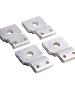 Four silver metal crimp terminals with a central through-hole and two small mounting holes, arranged in a cluster on a white background