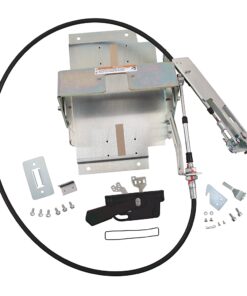 Vehicle seat belt pretensioner kit with mounting brackets, screws, and a long cable.