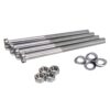 Assorted metal hardware: four hex bolts with washers and nuts on a white background