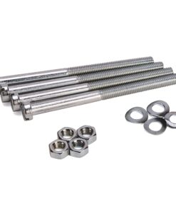 Assorted metal hardware: four hex bolts with washers and nuts on a white background