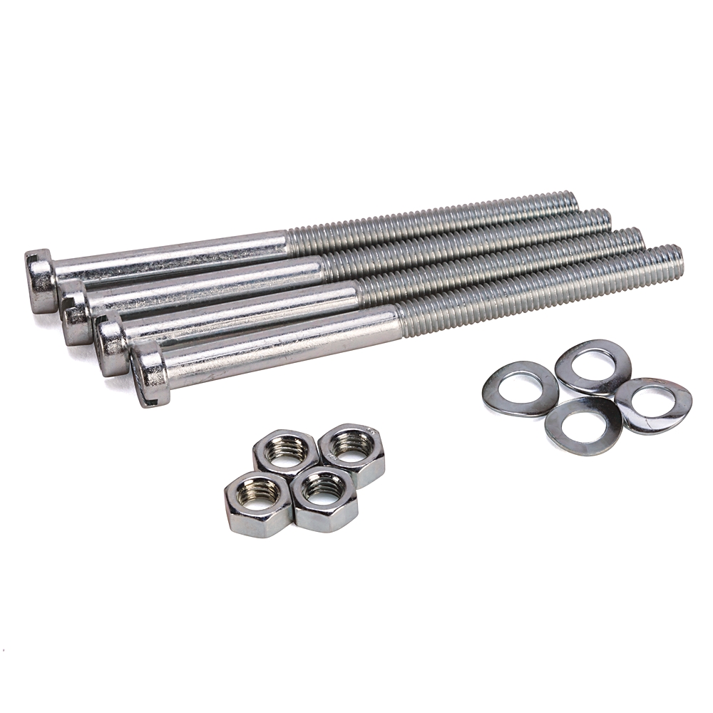 Assorted metal hardware: four hex bolts with washers and nuts on a white background