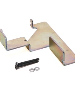 Metal mounting bracket with screws and washers, likely a hardware mounting kit used to secure components.