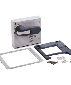 White electrical control box with a large black lever and surrounding mounting frame parts, screws and washers laid out on a white background.