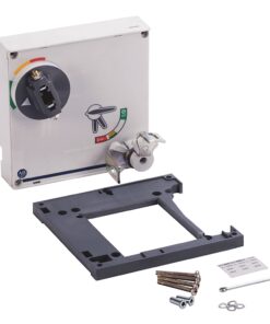 Electrical timer unit with mounting frame and installation hardware (screws, washers, tags) for wall mounting/box integration.