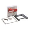 Red manual safety switch with large lever and white mounting box, plus gray mounting frame and hardware (screws, brackets) for panel installation