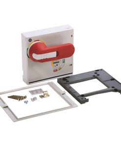 Red manual safety switch with large lever and white mounting box, plus gray mounting frame and hardware (screws, brackets) for panel installation