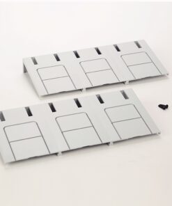 Two white modular wall plates with three rectangular sections and vertical slots, plus a few small screws.