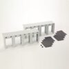 Scale model of a two-arch white bridge with gray ramp sections and small connectors on a white background (architectural miniature).","White modular bridge model featuring two arches and separate dark gray ramp plates.","Miniature bridge layout showing two arches and detachable ramp segments with tiny fasteners.","Architectural model of a segmented bridge with arched spans and removable ramps.","Scale construction model of a bridge with two arches and angled ramp plates for assembly."]} } } } Wait ensure proper JSON only. Remove extra braces. Let's fix. The required format is {