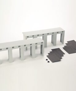 Scale model of a two-arch white bridge with gray ramp sections and small connectors on a white background (architectural miniature).","White modular bridge model featuring two arches and separate dark gray ramp plates.","Miniature bridge layout showing two arches and detachable ramp segments with tiny fasteners.","Architectural model of a segmented bridge with arched spans and removable ramps.","Scale construction model of a bridge with two arches and angled ramp plates for assembly."]} } } } Wait ensure proper JSON only. Remove extra braces. Let's fix. The required format is {