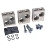 Hardware kit with three silver square mounting blocks (two top holes, two side holes) plus screws, washers, and a label sheet.