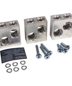 Hardware kit with three silver square mounting blocks (two top holes, two side holes) plus screws, washers, and a label sheet.