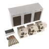 Three metal terminal blocks with a gray mounting rail and assorted screws, washers, and bolts (wiring distribution kit).
