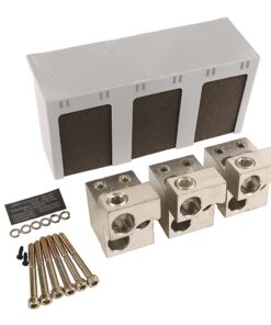 Three metal terminal blocks with a gray mounting rail and assorted screws, washers, and bolts (wiring distribution kit).