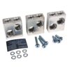Three silver metal terminal blocks with multiple screw holes, shown with screws, washers, and a small label card.