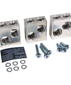 Three silver metal terminal blocks with multiple screw holes, shown with screws, washers, and a small label card.