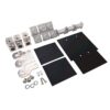 Assorted hardware kit with metal brackets, spacers, screws, washers and two black panels for assembly.