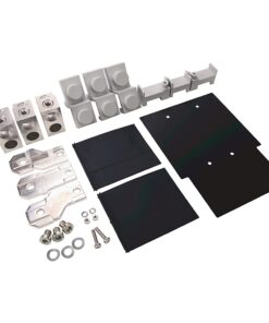 Assorted hardware kit with metal brackets, spacers, screws, washers and two black panels for assembly.