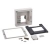 White wall-mount electrical distribution box with inner cutout and loose mounting frame, screws, and accessories