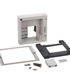 White wall-mount electrical distribution box with inner cutout and loose mounting frame, screws, and accessories