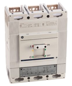 White industrial circuit breaker with a central ON/OFF switch and terminal block on top, labeled indicators visible on the front panel