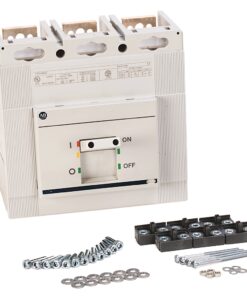 Circuit breaker with mounting accessories: screws, washers, and busbar connectors laid out next to a white miniature panel breaker tool kit.