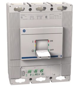 Three-pole industrial circuit breaker with a pull-out handle in the ON/OFF panel surface (used to control power)
