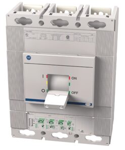 Three-pole low-voltage circuit breaker with an ON/OFF lever and terminal blocks on top, in a gray device enclosure.