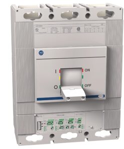 Three-pole molded-case circuit breaker with a central toggle handle and ON/OFF indicators (ABB branding) for industrial electrical protection