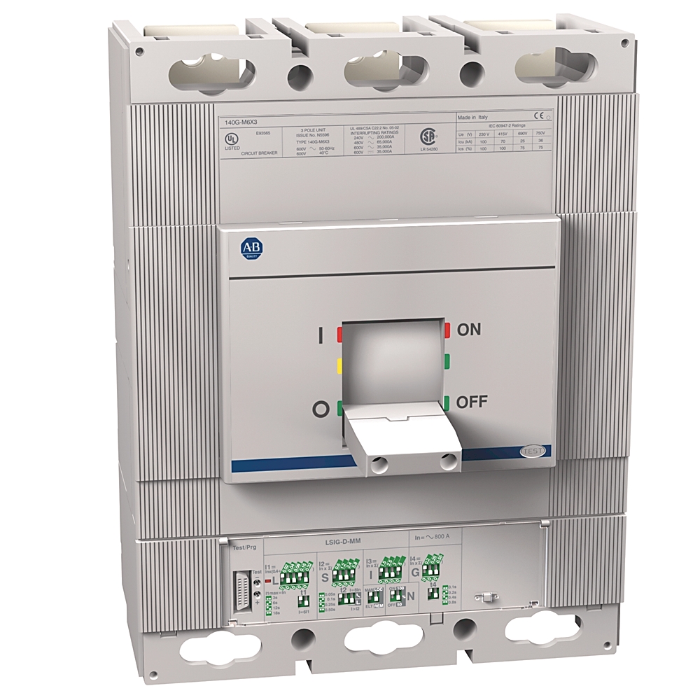 Three-pole molded-case circuit breaker with a central toggle handle and ON/OFF indicators (ABB branding) for industrial electrical protection