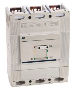 Circuit breaker with ON/OFF switch and yellow/green indicators, beige panel, mounted for electrical distribution