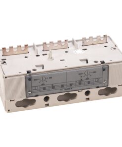 Three-pole electrical breaker module with three terminal lugs on top and a gray control panel labeled with max/min settings (IN~60A).