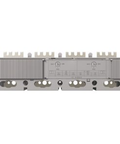 Industrial electrical power module with multiple terminal openings and a labeled front panel for wiring and ratings (metallic gray).