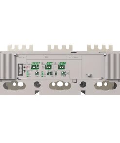 Industrial electrical drive module with several green terminal blocks on a gray metal chassis and cooling fins on both ends. Represents an I/O wiring block for a drive system, with mounting holes and circular cutouts below the panel.