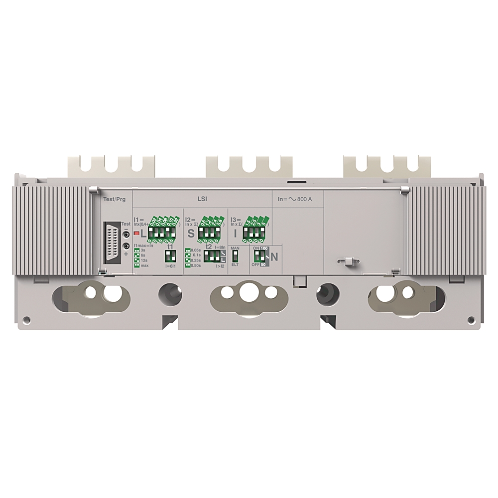 Industrial electrical drive module with several green terminal blocks on a gray metal chassis and cooling fins on both ends. Represents an I/O wiring block for a drive system, with mounting holes and circular cutouts below the panel.