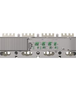 Back view of a gray industrial control module with multiple green terminal blocks and connectors on a metal rack chassis