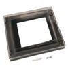 Clear acrylic picture frame with a rectangular opening and metal lock latches, plus accompanying screws and washers.