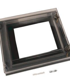 Clear acrylic picture frame with a rectangular opening and metal lock latches, plus accompanying screws and washers.