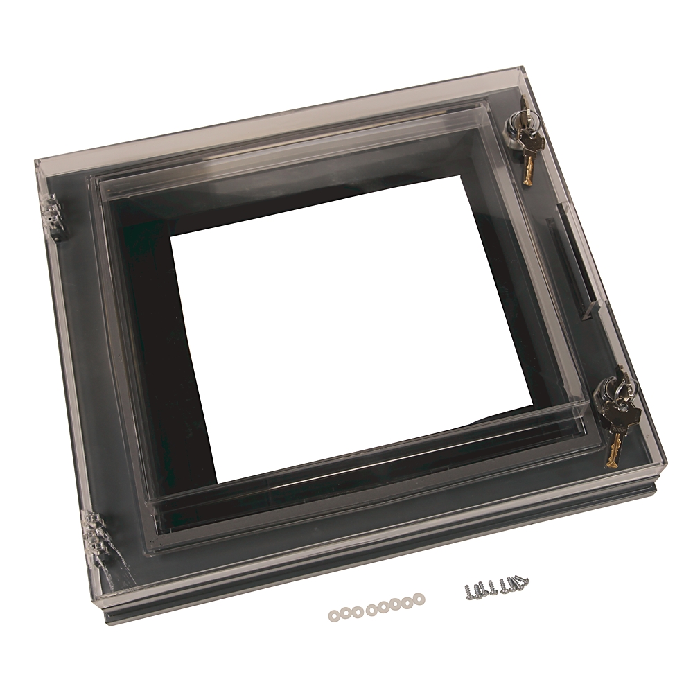 Clear acrylic picture frame with a rectangular opening and metal lock latches, plus accompanying screws and washers.