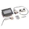 Collection of vintage electronic components and a gray plastic panel labeled 'Dialog', with wires and metal brackets on a white background.