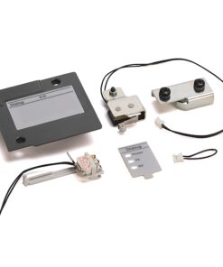 Collection of vintage electronic components and a gray plastic panel labeled 'Dialog', with wires and metal brackets on a white background.