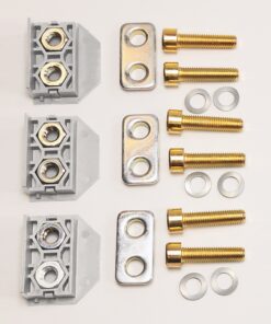 Three gray terminal blocks with brass screws and metal mounting plates, plus bolts, washers, and spacers arranged in three vertical rows.