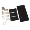 Assorted hardware kit: several silver metal brackets with holes, plus multiple small black rectangular pieces and a larger black plate with two mounting holes.